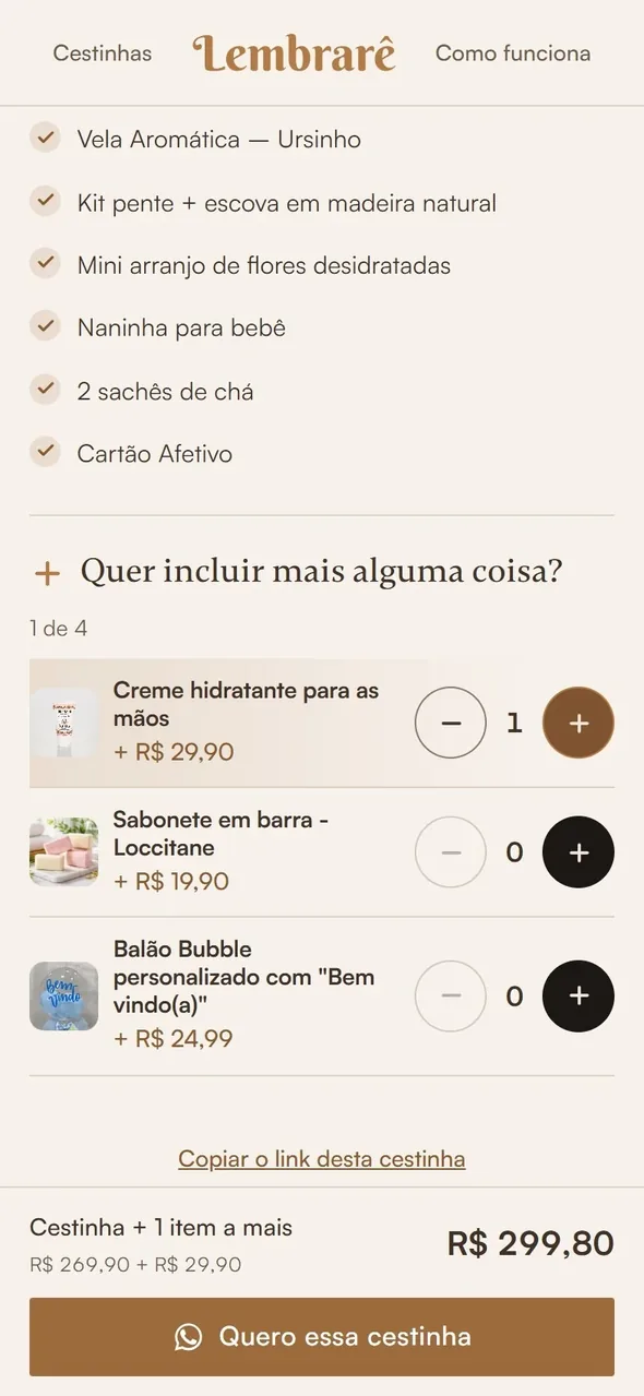 Uma cesta com os adicionais somando no total