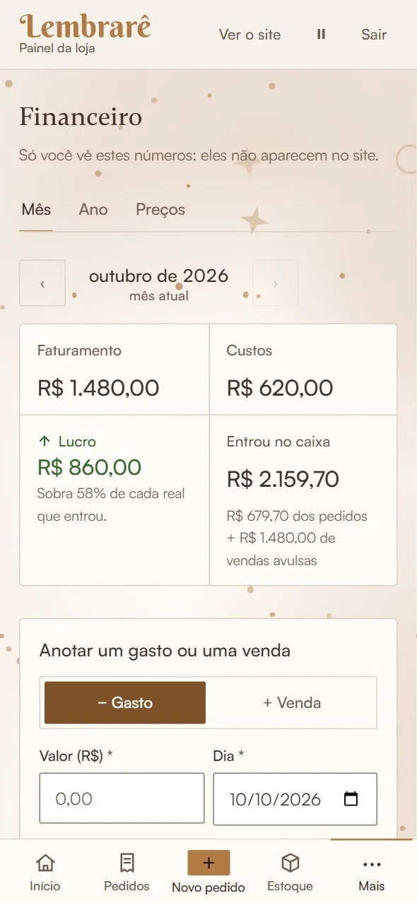 O caixa do mês no painel, com dados de exemplo