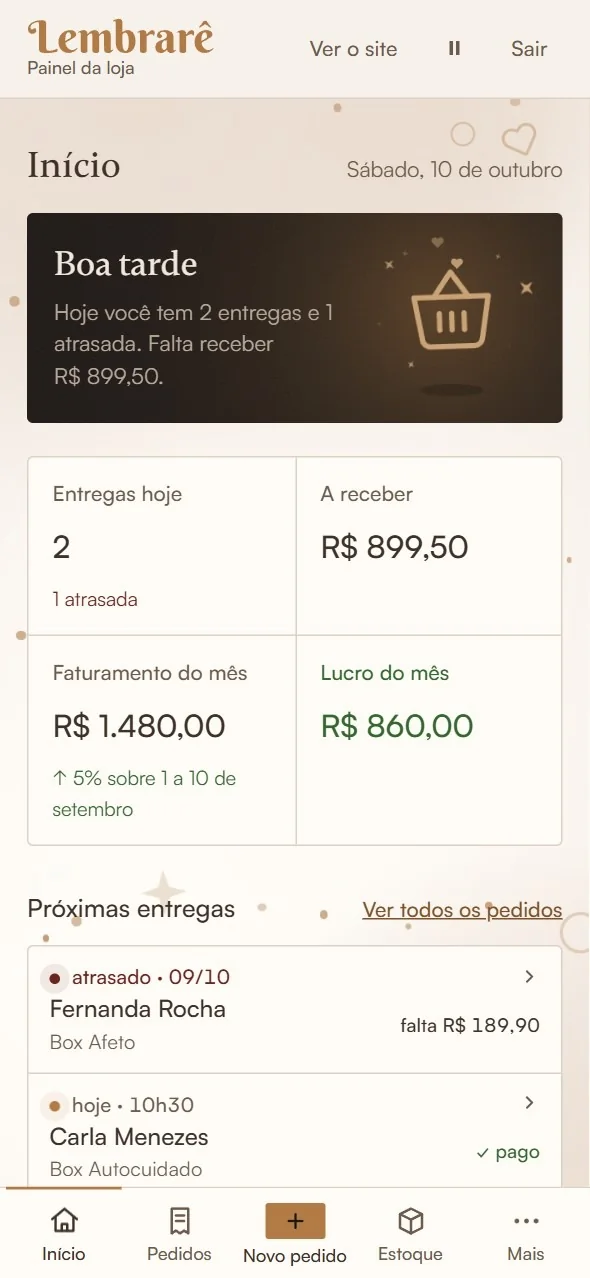 O painel da Lembrarê, com dados de exemplo