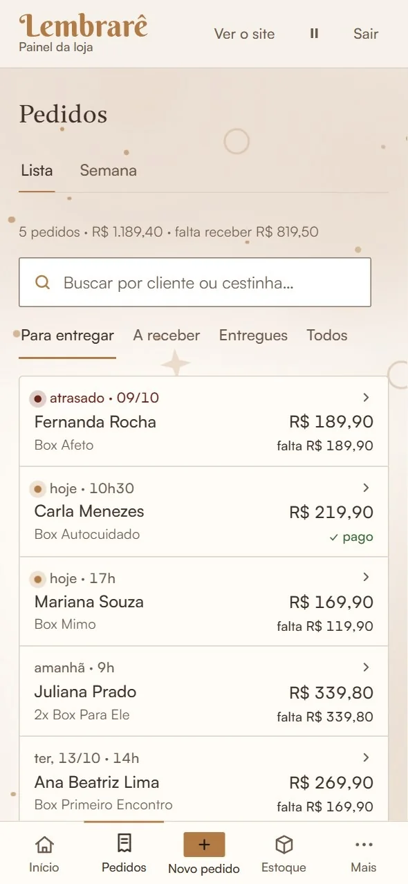 A lista de pedidos do painel