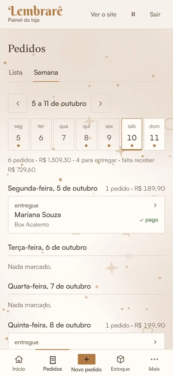 A agenda da semana no painel, com dados de exemplo