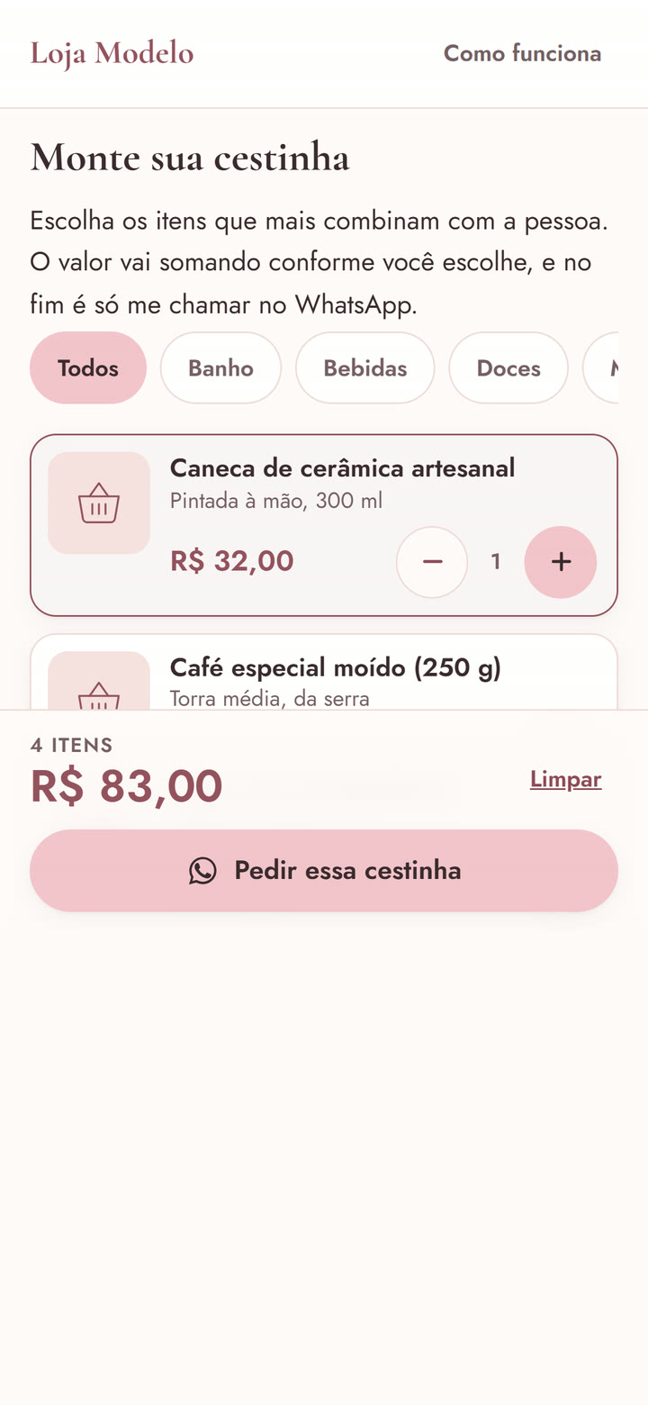 A página Monte sua cestinha: itens com o botão de mais e de menos, e o total somado no pé: 4 itens, R$ 83,00